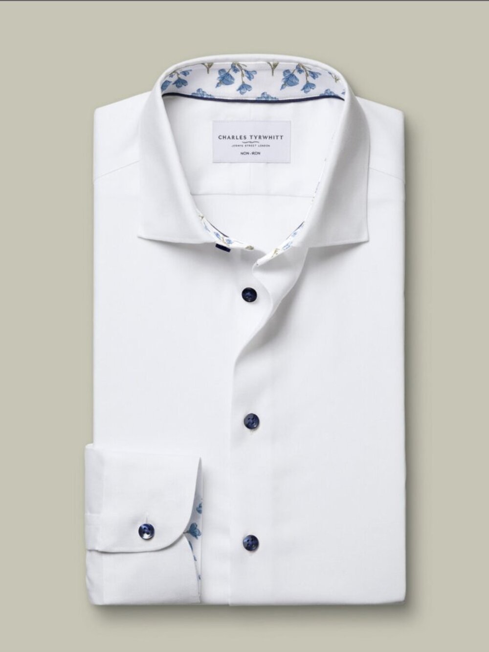 Charles Tyrwhitt Non-Iron Stretch Floral Print Trim Shirt, White, 15.5" Slim Fit - Picture 1 of 8